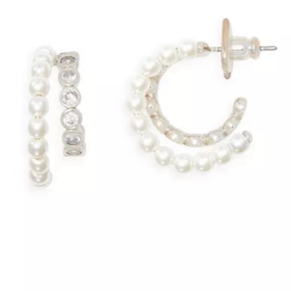 COPY - NWT Kate Spade Double Silver Hoop Rhinestone and Pearl Earrings - Picture 4 of 5
